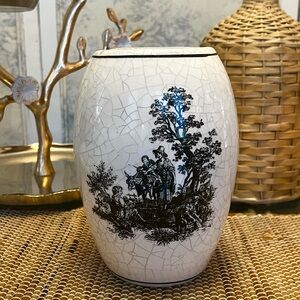 Vintage French Toile Porcelain Vase, Crackle Glaze